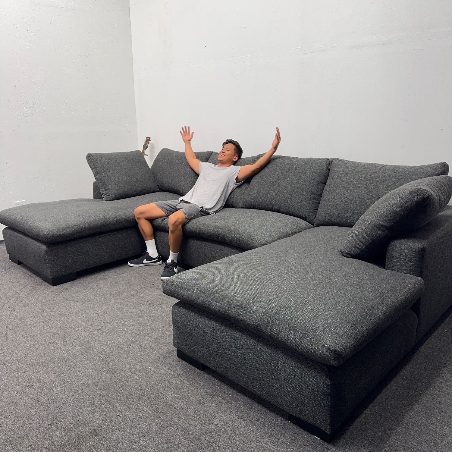2.3k OFF: Designer Cloud Couch - Custom Built Double Chase Sectional - Black / Charcoal Gray - Can Deliver