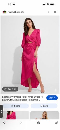 Express Women's Faux Wrap Dress Hi- Low Puff Sleeve Fuscia Romantic