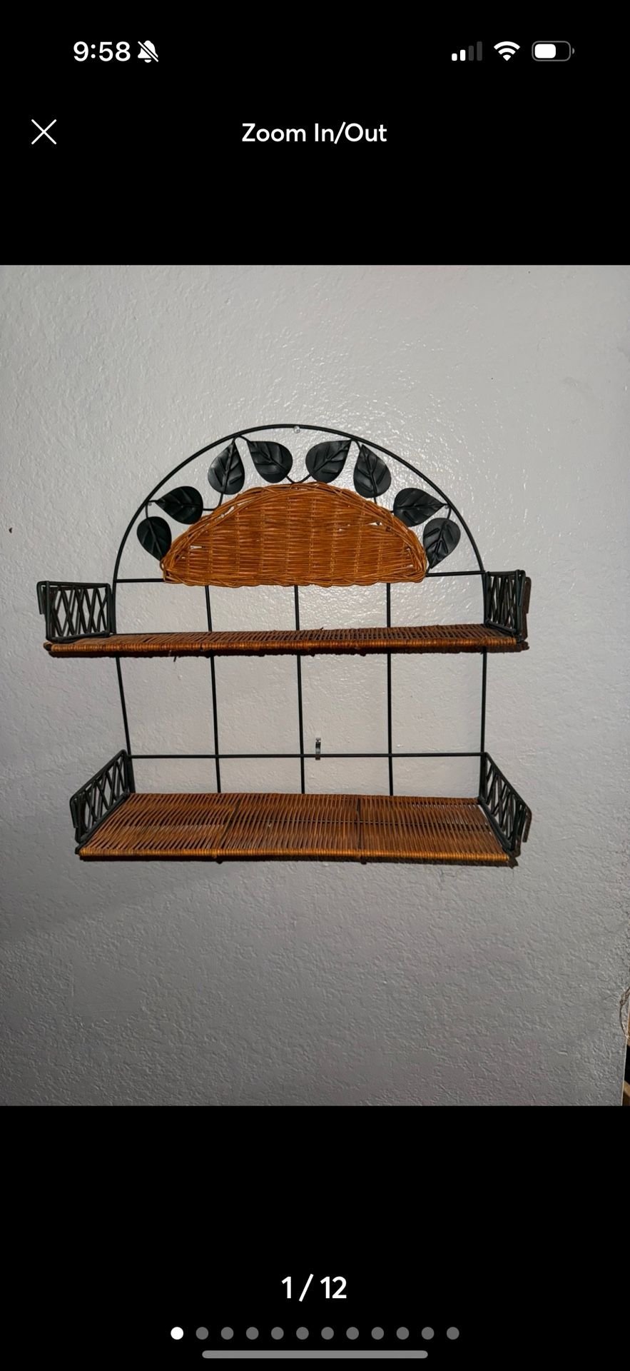 Vintage Metal Wire and Wicker Two Tier Wall Shelf with Metal Fish.
