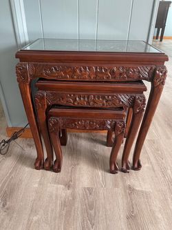 Set of 3 Carved Wood Nesting Tables