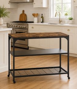 3-Tier Rolling Kitchen Cart with Rustic Brown Wood Top & Storage Shelves