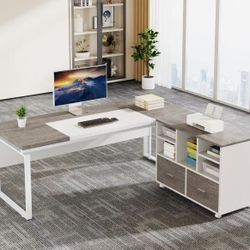 F1893AB L-Shaped Executive Desk with Reversible File Cabinet, 63" Office Desk with Storage Drawers, L-Shaped Computer Desk with Drawer Cabinet for Han