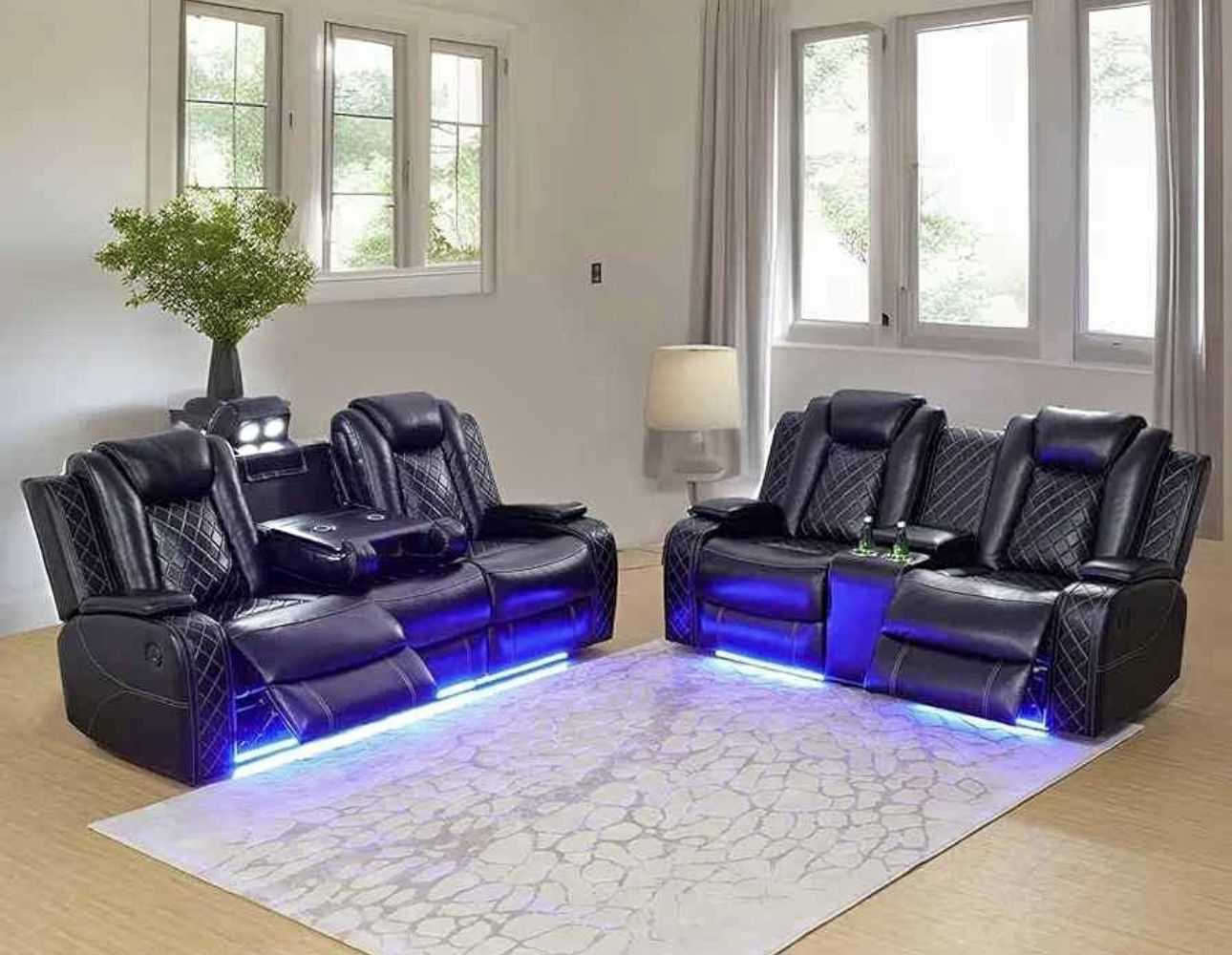 Power Electric Black Leather Fully Reclining Couch Set