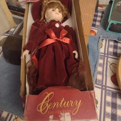 Porcelain Doll In Box W Stand 