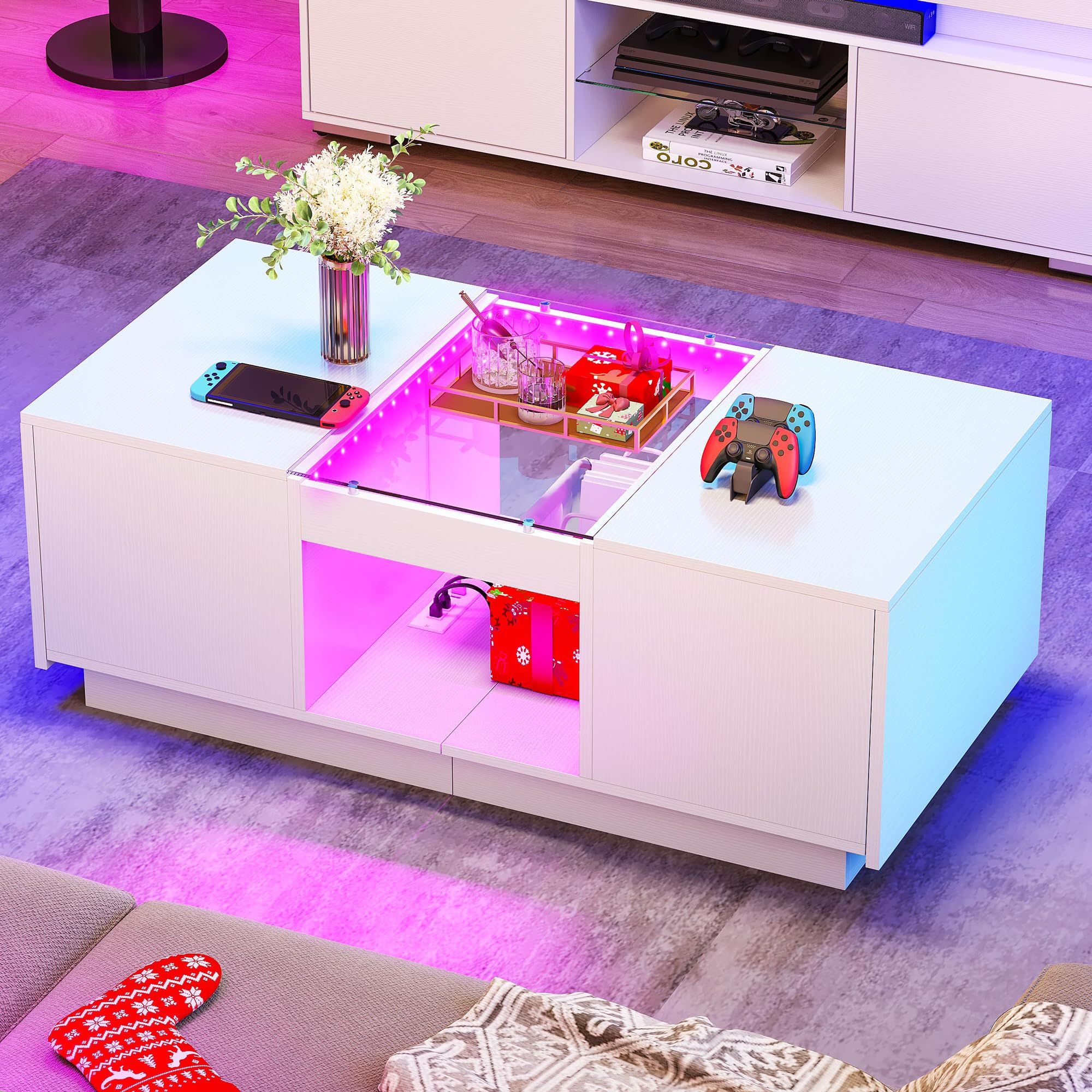 LED Coffee Table for Living Room, Modern Coffee Table with Storage with LED Lights, 2 Tiers and 2 Drawers,