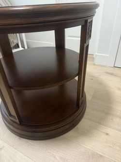 Round Dark Wood End Table with Shelves (Ethan Allen)