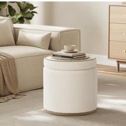 Round Ottoman with Storage, Vanity Stool, Ottoman Foot Rest, Boucle Small Ottoman, Foot Stool, Upholstered Sherpa 