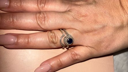 Silver Blue Sapphire Halo Ring Set