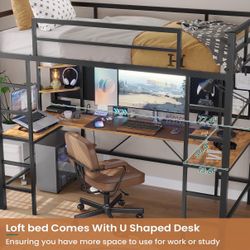 Twin Loft Bed with U-Shaped Desk, RGB LED Lights & Storage