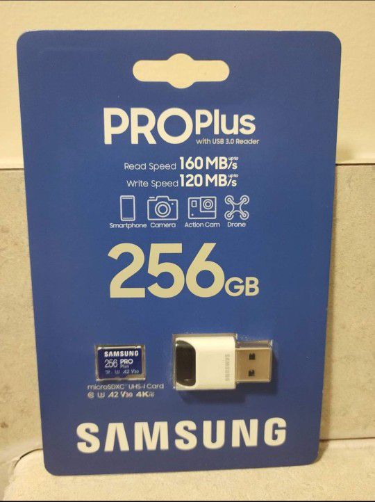 BRAND NEW SAMSUNG PRO Plus+Reader 256GB microSDXC UHS-I, U3, A2, V30, Full HD & 4K UHD Memory Card