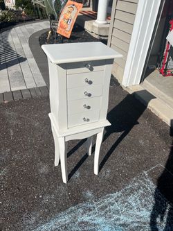White Wood Jewelry Armoire with Drawers