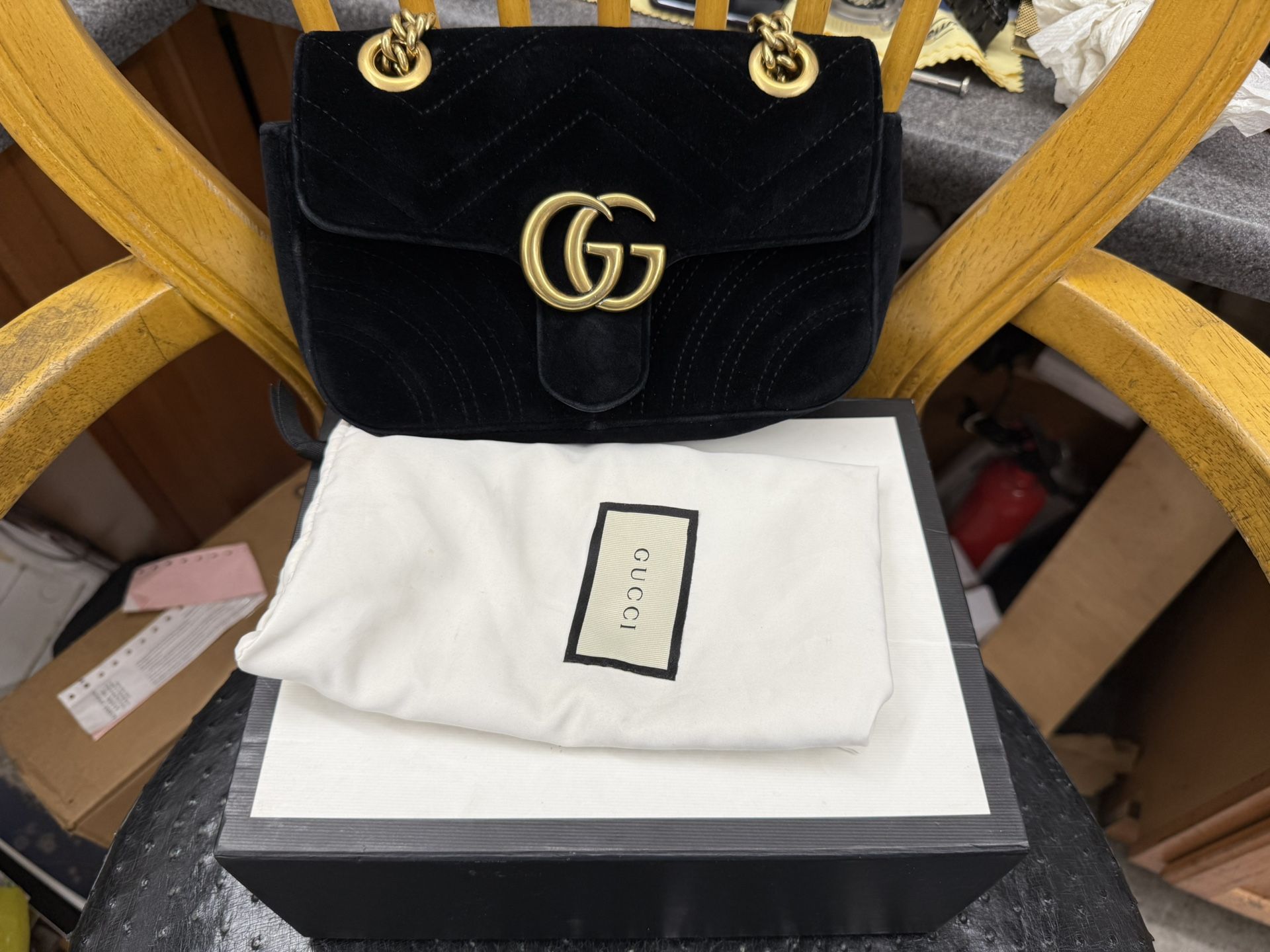 Gucci Auth Black Velvet Mini Marmont GG Handbag Shoulder Bag Crossbody