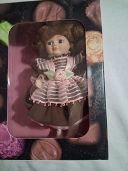 Vintage Porcelain Doll in Chocolate Gift Box Pink Dress Collectible Cute Display