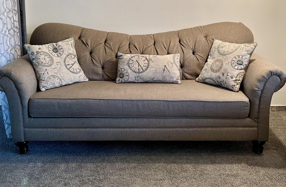 Dark Beige Fabric Upholstery Wood Frame Sofa & Loveseat with Pillows