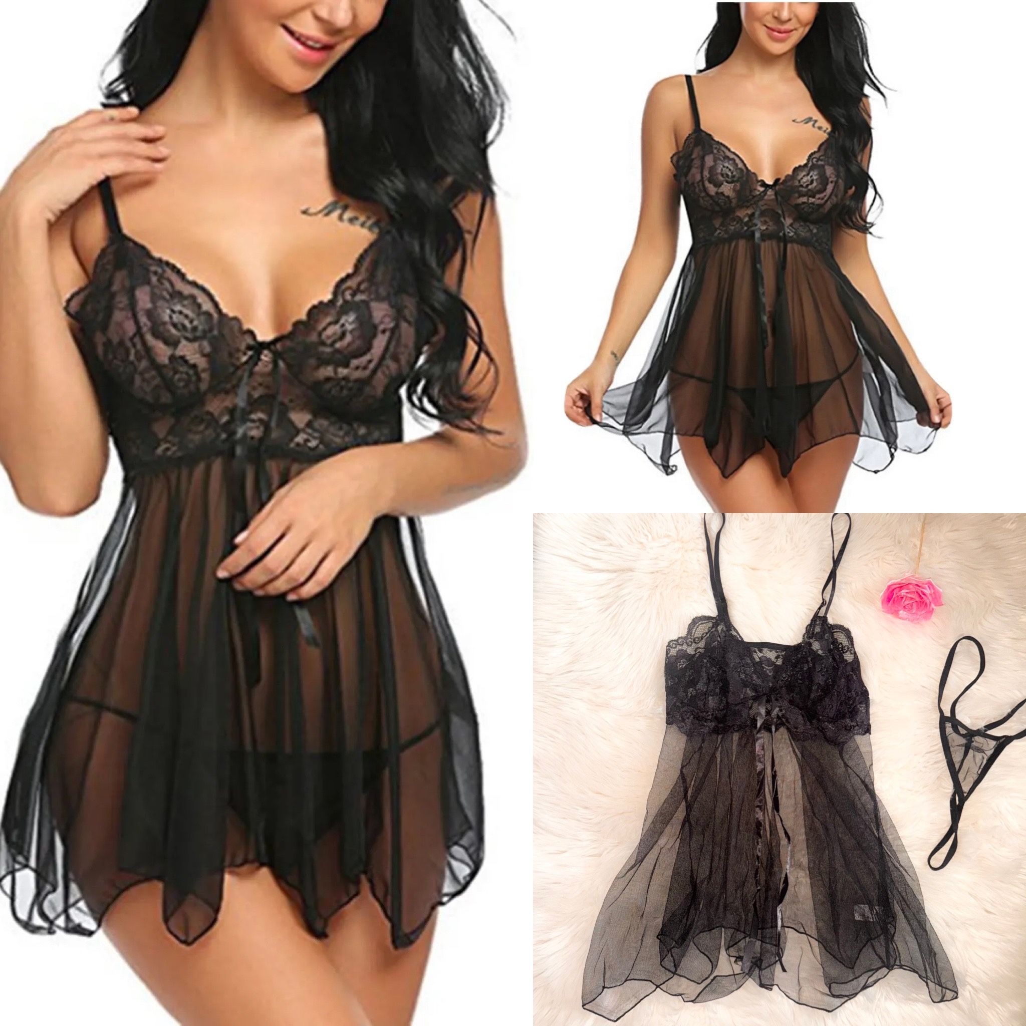 Size L | Women’s Black Lace See-Through Babydoll Nightgown