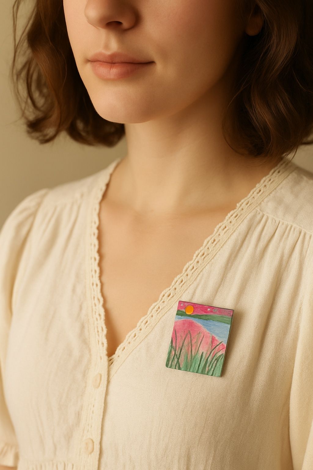 Vintage 1990s Hand-Painted Landscape Pin Cattails Sunset, 1x1.25”