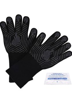 BBQ Gloves, 1472°F Heat Resistant Fireproof Silicone Oven Mitts, Black