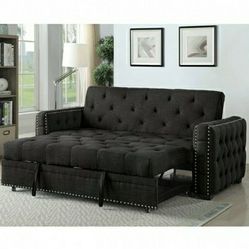 Black Linen Futon Sofa Tufted Everything Nailhead Trim Accen Firm Price $780 Financing Available 