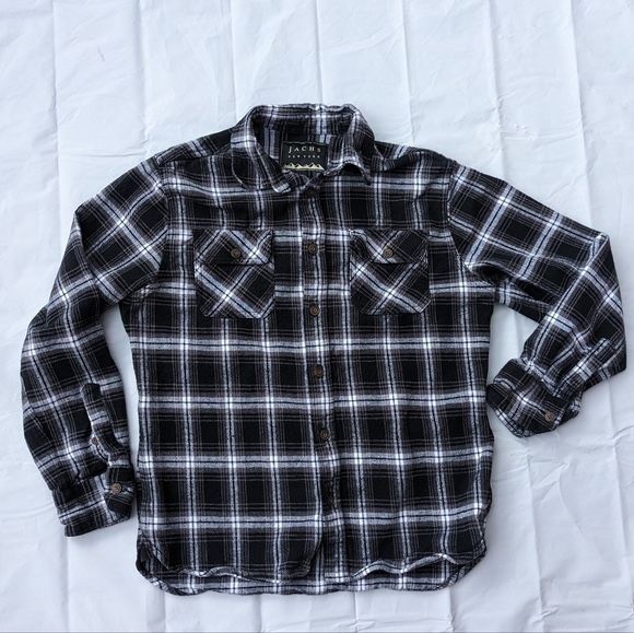 Jacks York Vintage Style Flannel Button Black White Plaid Men M Unisex
