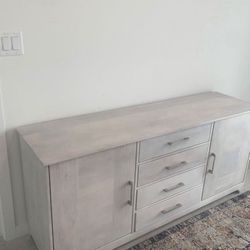 Solid Wood - White/Gray-Blue  washed Buffet Console/ TV console/ Dresser. Stainless Steel Handles