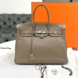 Hermes Birkin 35 Taurillon Clemence Etoupe □N stamp
