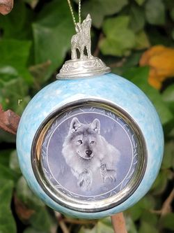 Bradford Exchange Heirloom Porcelain "Spirit of the Wilderness" wolf ornament. "Silver Scout"