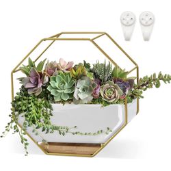 Succulent Planters 7×3.5 Inch Decorative Ceramic Flower Plant Pots with Metal Holder Hanging and Place Dual-Purpose Garden Planter Pot with Drainage a