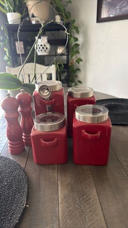 Red Ceramic Canister Set with Salt and Pepper Mills