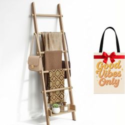 Wooden Blanket Ladder for Living Room & Bedroom, 6-Tier Rustic Decorative Farmhouse Style Quilt Rack with Side Hooks, Wall Leaning Ladder Shelf for Ba