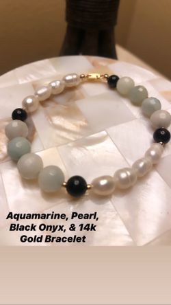 Aquamarine, Pearl, Black Onyx, & 14k Gold Bracelet