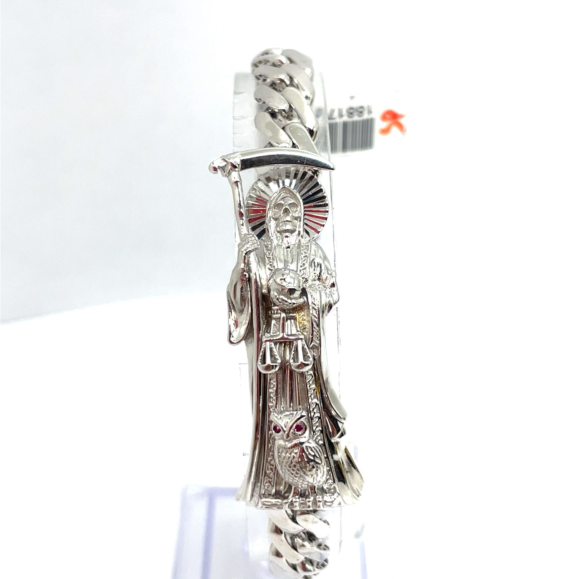 925 Sterling Silver 8” Santa Muerte Cuban Style Bracelet 19.60g 8.7mm 188174
