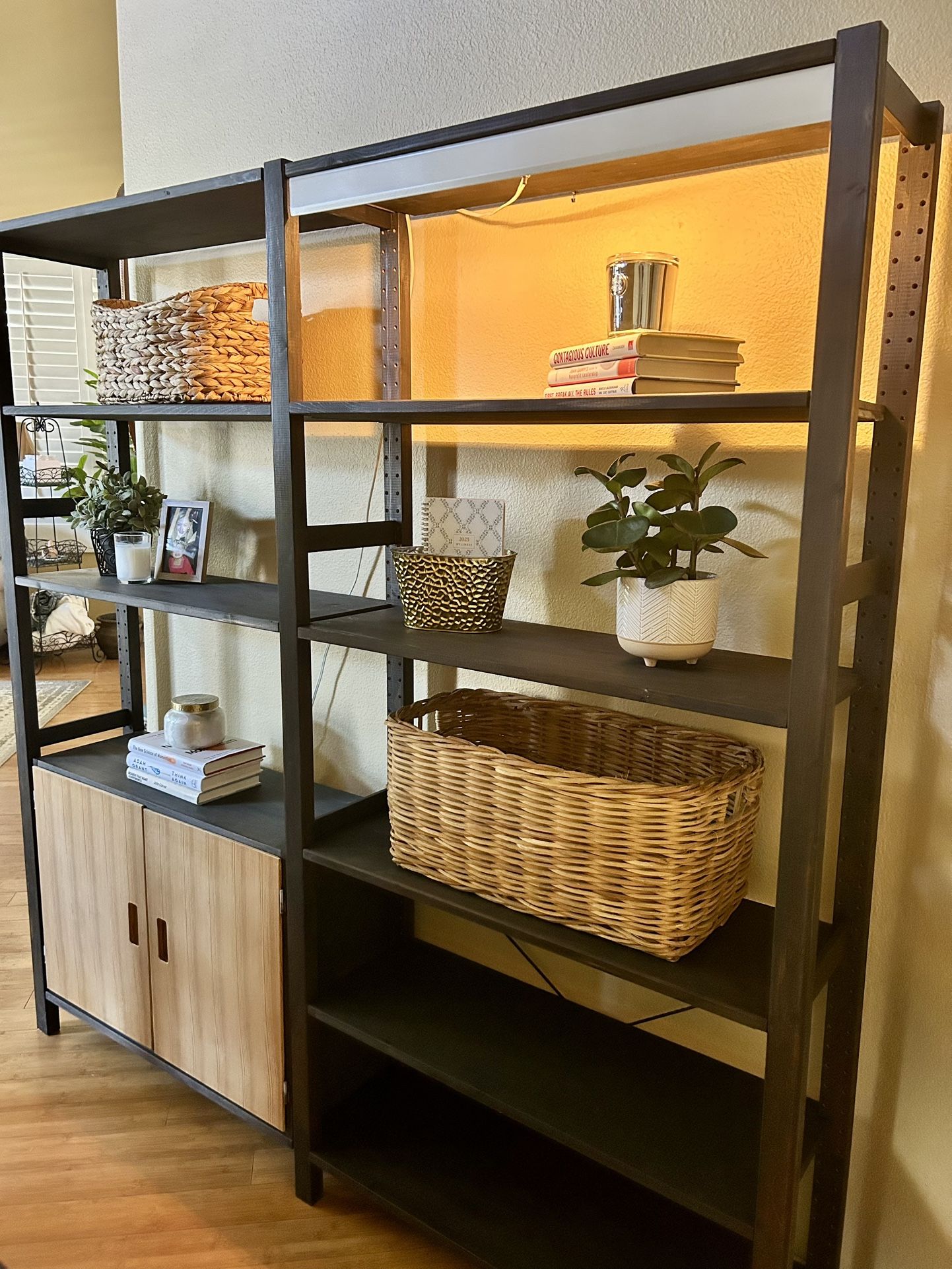 Charcoal Grey Wood Shelving Unit With Closed Cabinet And Mounted Light