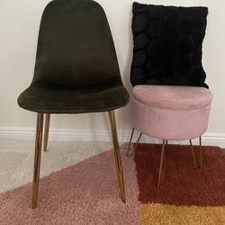 Green Gold High back chair and Pink Gold Footstool Ottoman Black Throw Pillow