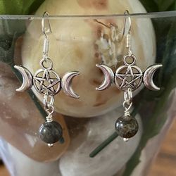 Triple Moon Goddess With Genuine Black Moonstone Earrings 