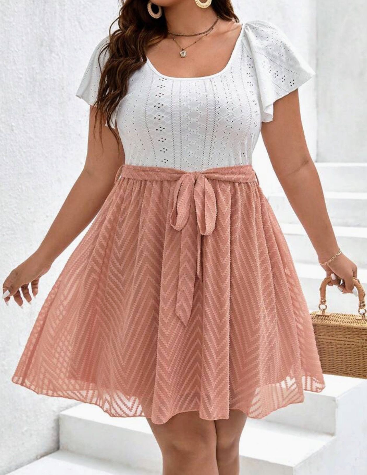 SHEIN Frenchy Plus Size Boho Eyelet Embroidery Butterfly Sleeve Belted Dress