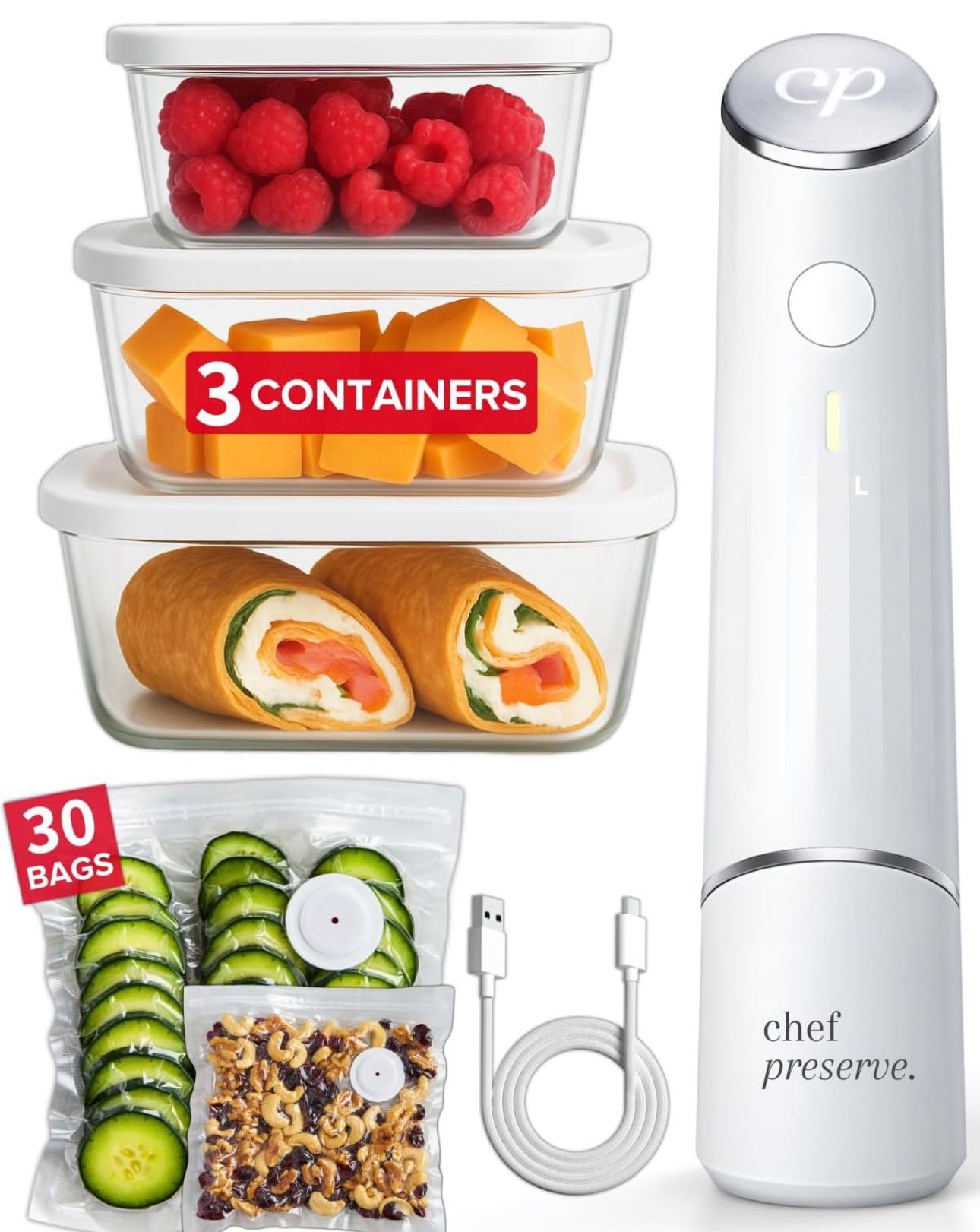 Chef Preserve Compact Vacuum Sealer for Food (Vacuum Sealing Machine + 3 Vacuum Glass Containers + 30 Reusable Vacuum Bags) Powerful Handheld Vacuum S