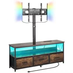 52" TV Stand with Mount for up to 75 in TVs, Entertainment Center with Power Outlet & LED Lights, Height Adjustable TV Console with Mount with 3 Drawe