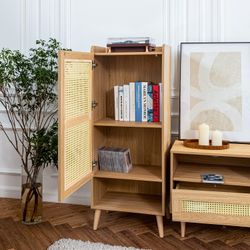 Homy Casa QUERALT Oak Cabinet 19.7" 1 Door 3 Shelf Rattan Style Storage Cabinet with Solid Wood Legs Open Box