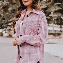 Brand New PINK LILY Boutique CHIC EDGE PINK PLAID FLANNEL SHACKET Size Large, Relaxed Fit, Shirt + Jacket = Shacket 💝