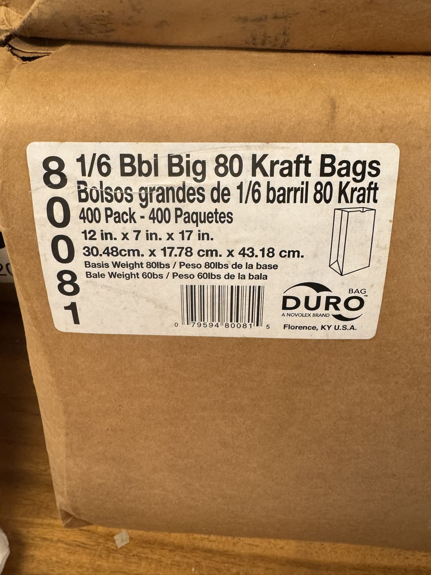 Grocery Brown Paper Bag: 12 in Wd, 7 in Dp, 17 in Ht, 1/6 BBL, 80 lb Basis Wt, Kraft, 400 PK