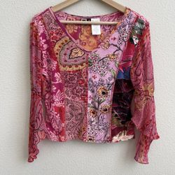 FORBIDDEN Vintage Y2K Pink Beaded Patchwork Japanese Blossom Quarter Sleeve Top