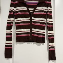 Women's Striped Knit Button Up Sweater Cardigan V Neck Long Sleeve Ribbed Tops