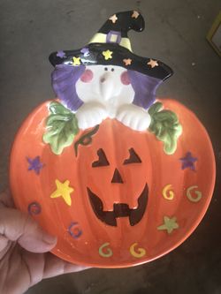 Pumpkin with ghost in witch hat Ceramic candy dish or platter