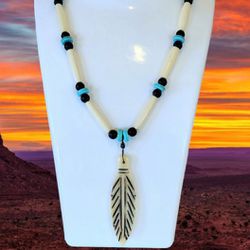 Carved Ox Bone Feather Bone Turquoise Beaded Unisex Necklace, handmade 24" long