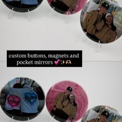 custom buttons, magnets and pocket mirrors