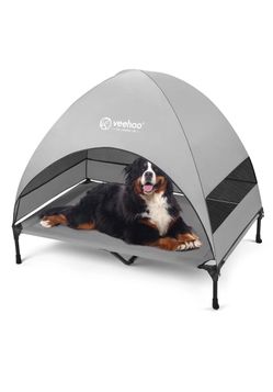 Cooling Elevated XL Outdoor Dog Bed w Canopy Portable Shade Cot, Grey 49 x 43.5