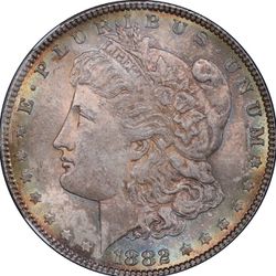 1882 MS 63 US silver Morgan, dollar with a rainbow tone on front and back