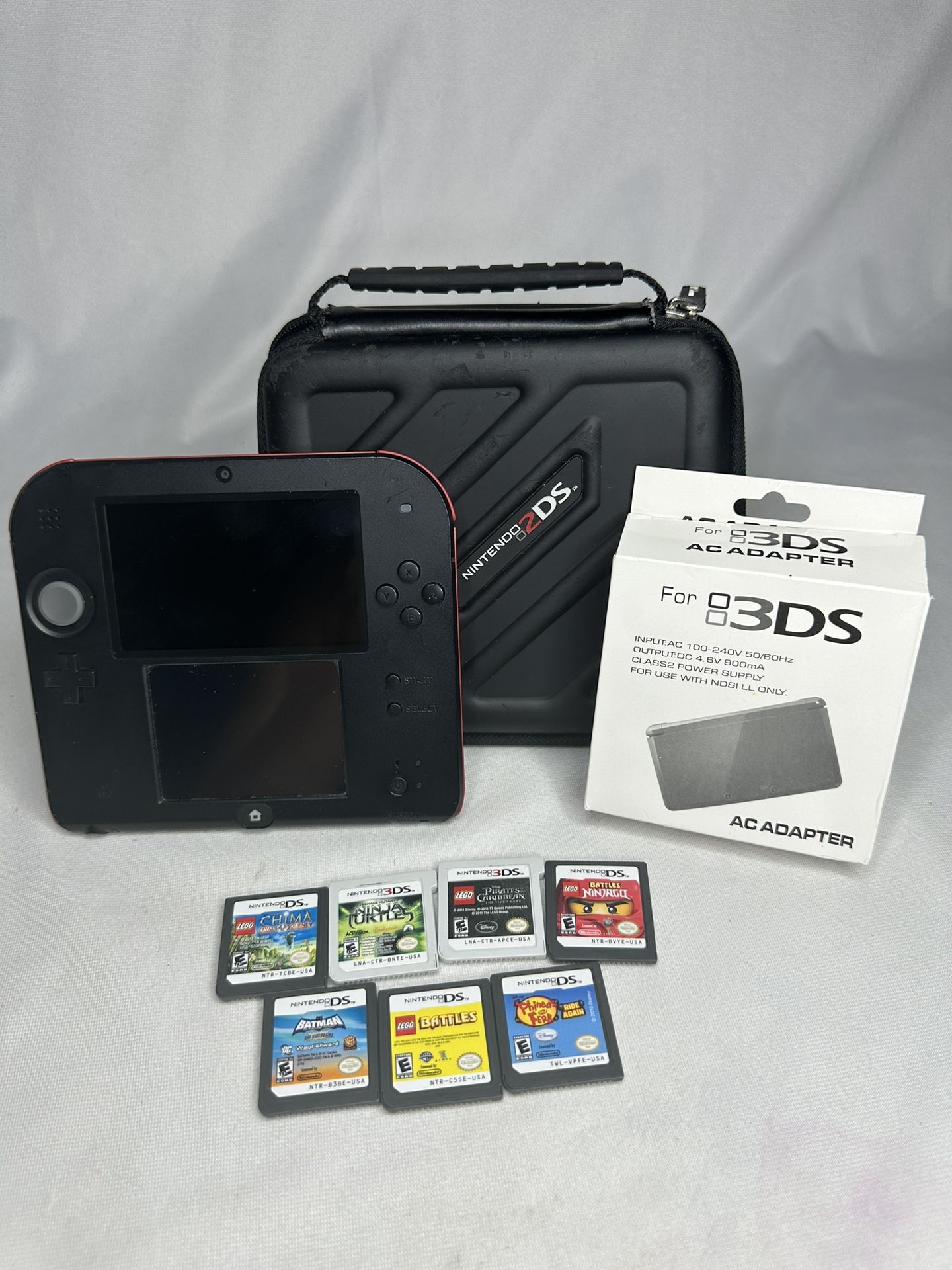 Nintendo 2DS Red & Black System Bundle W/ Games, Case & Memory Card - NO STYLUS