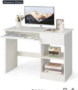 White Computer Desk with Keyboard Tray and Shelves