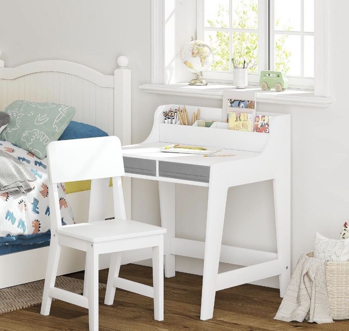 Open box UTEX Kids Desk and Chair Set, Study Desk for Kids with Storage Bins, Wooden Children Study Table, Student Writing Desk for Bedroom & Study Ro